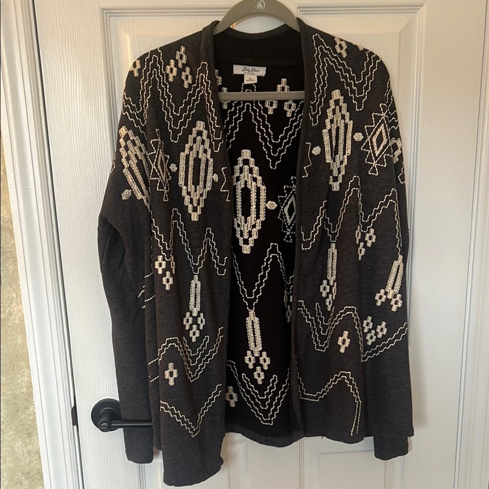 Lucky Bliss Boho Aztec Lotus open front knit sweater top